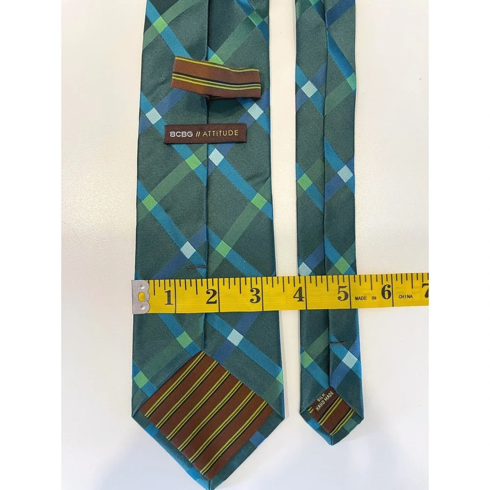 BCBG Attitude Green Blue Plaid Silk Mens Tie Preppy‎